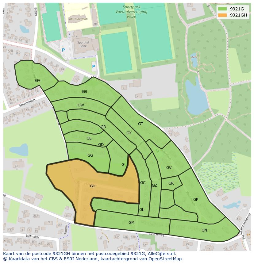 Afbeelding van het postcodegebied 9321 GH op de kaart.