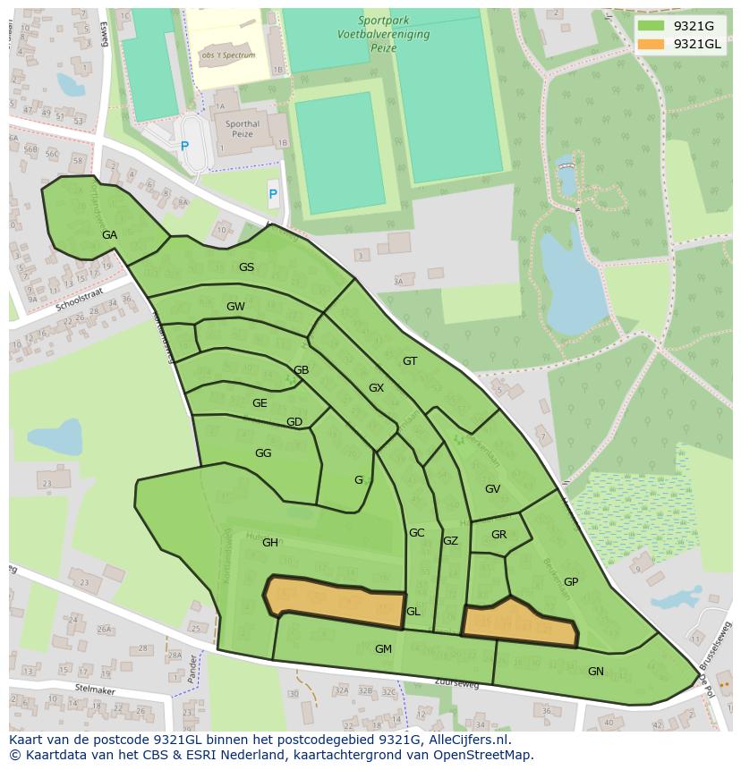 Afbeelding van het postcodegebied 9321 GL op de kaart.