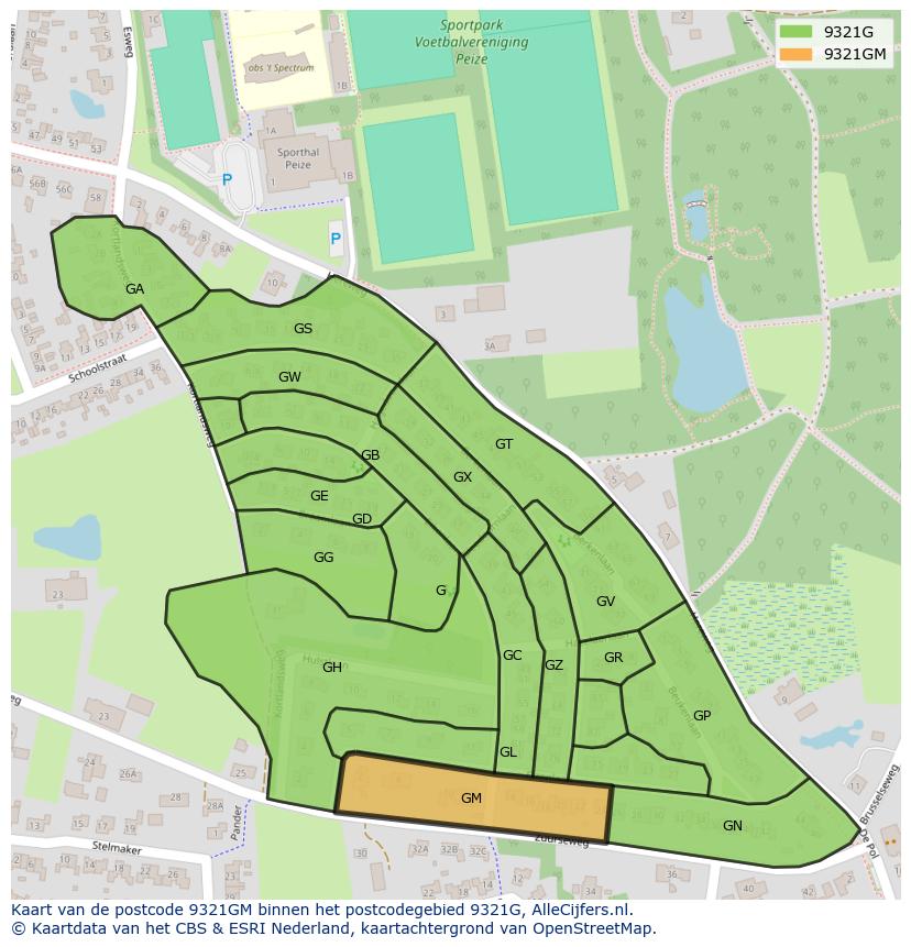 Afbeelding van het postcodegebied 9321 GM op de kaart.