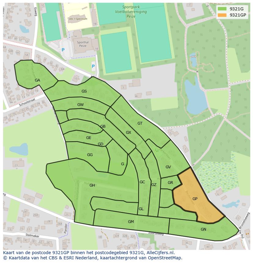 Afbeelding van het postcodegebied 9321 GP op de kaart.