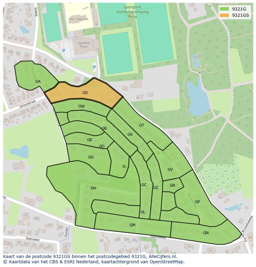 Afbeelding van het postcodegebied 9321 GS op de kaart.