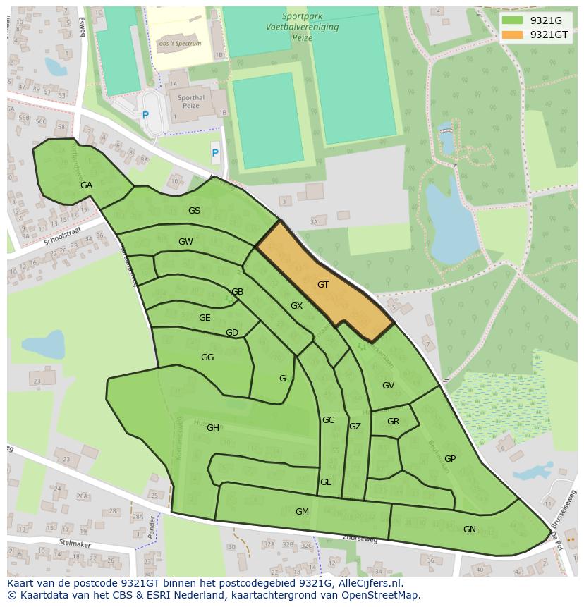 Afbeelding van het postcodegebied 9321 GT op de kaart.