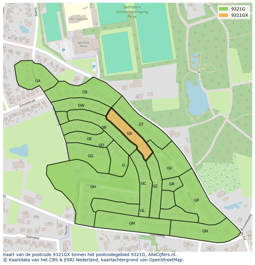 Afbeelding van het postcodegebied 9321 GX op de kaart.