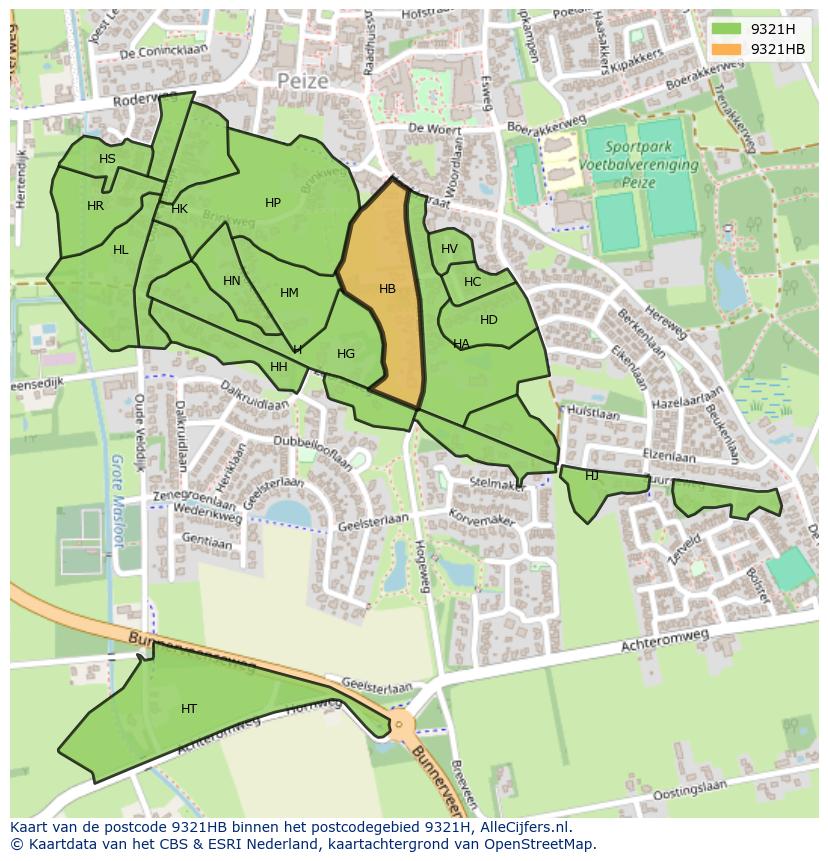 Afbeelding van het postcodegebied 9321 HB op de kaart.