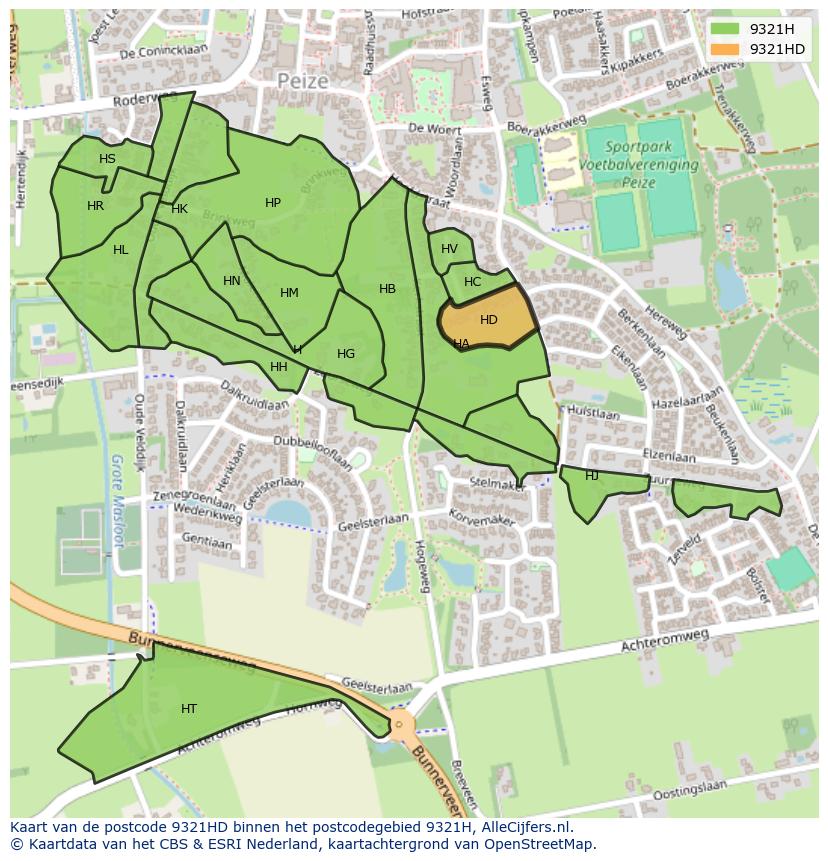 Afbeelding van het postcodegebied 9321 HD op de kaart.