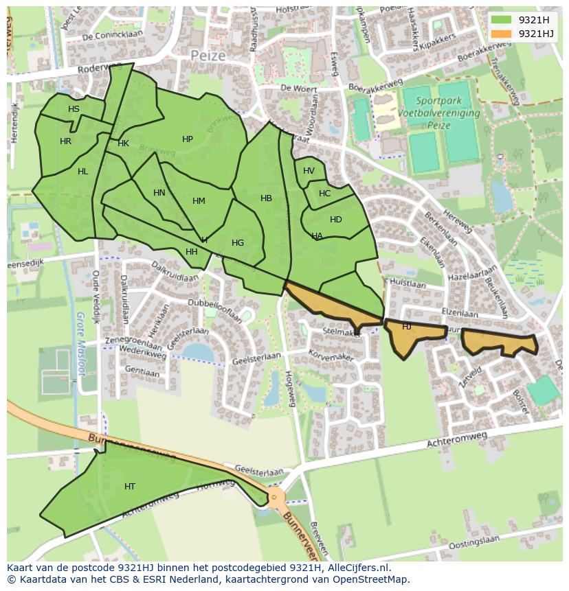 Afbeelding van het postcodegebied 9321 HJ op de kaart.