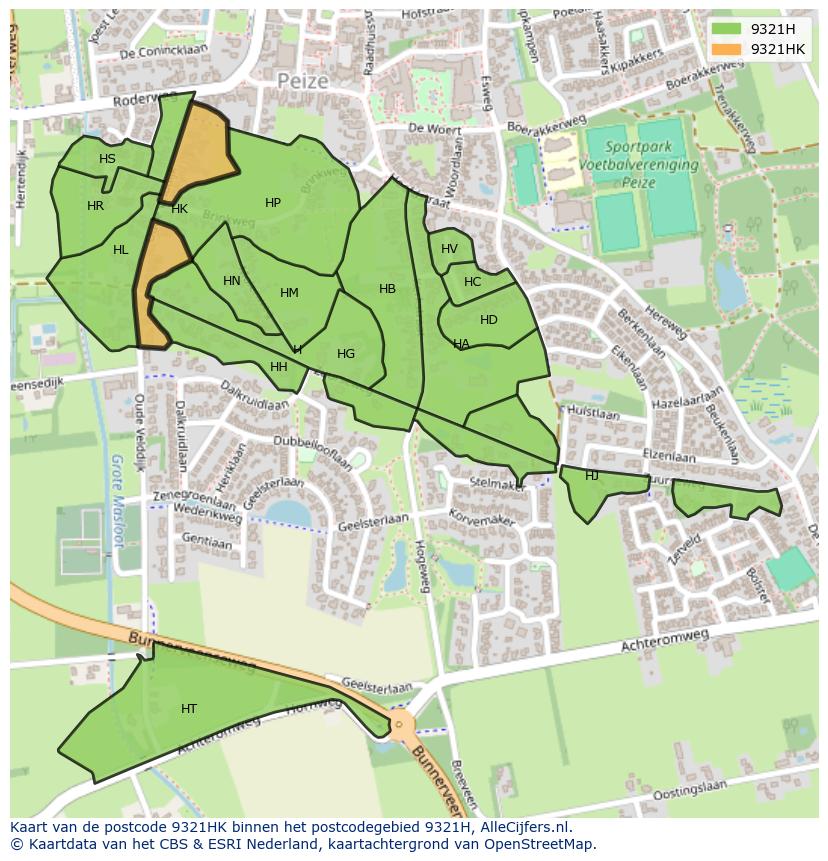 Afbeelding van het postcodegebied 9321 HK op de kaart.