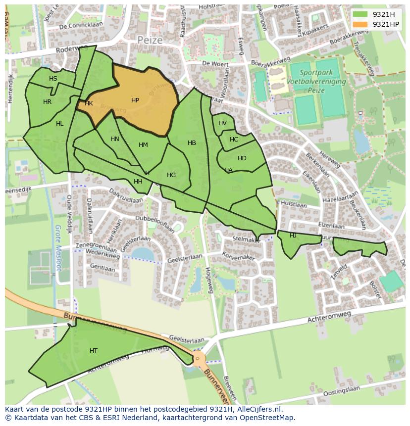 Afbeelding van het postcodegebied 9321 HP op de kaart.