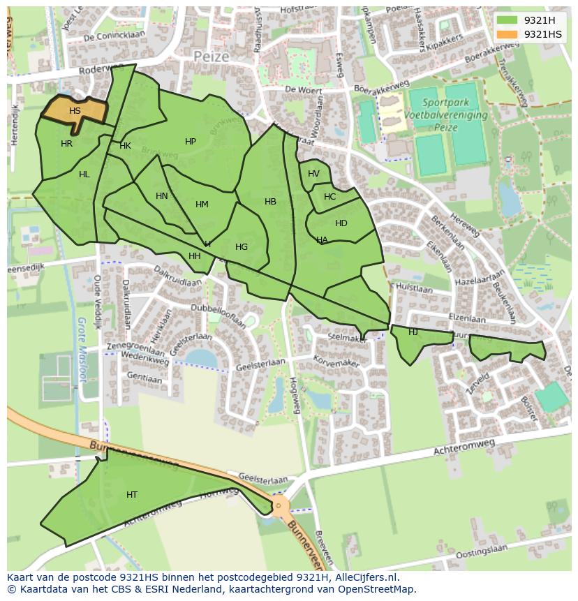 Afbeelding van het postcodegebied 9321 HS op de kaart.