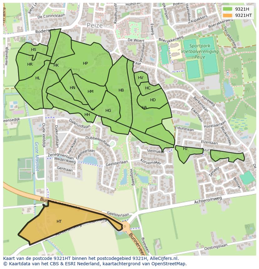 Afbeelding van het postcodegebied 9321 HT op de kaart.