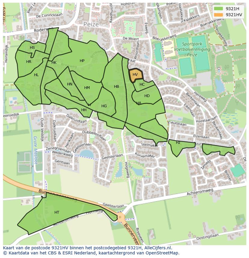 Afbeelding van het postcodegebied 9321 HV op de kaart.