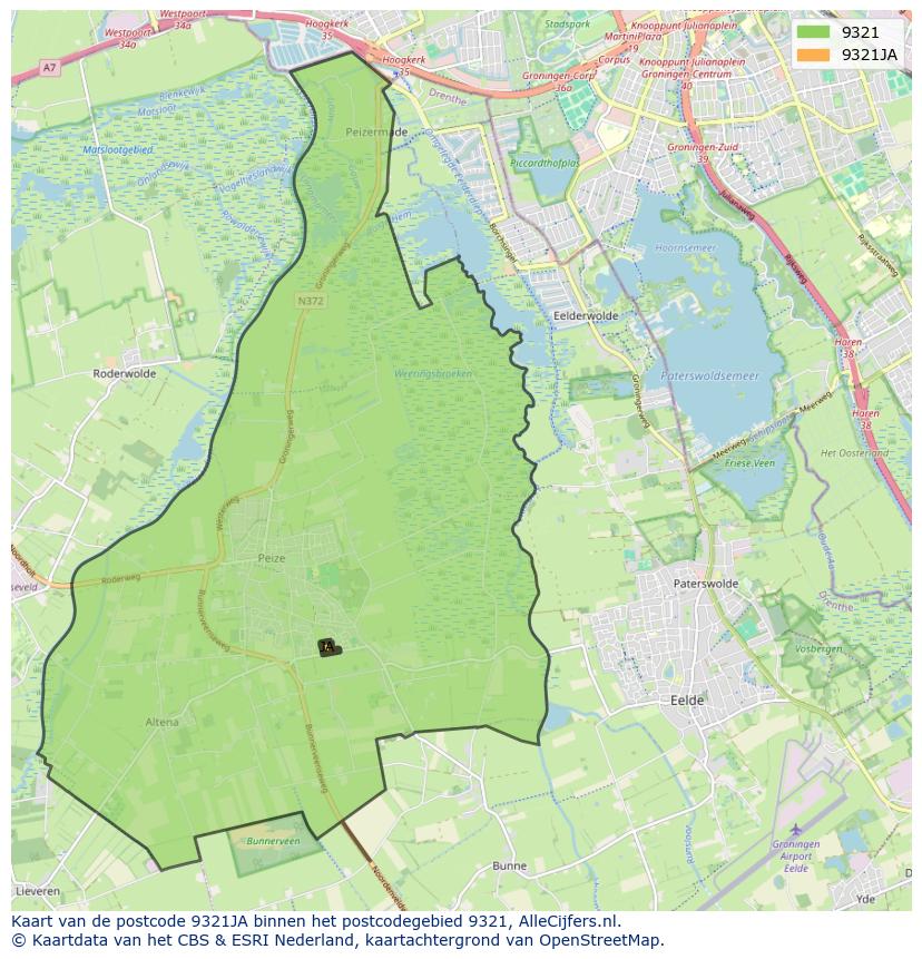 Afbeelding van het postcodegebied 9321 JA op de kaart.