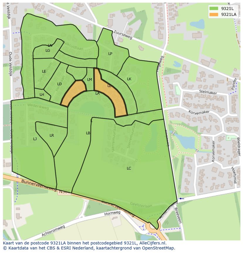 Afbeelding van het postcodegebied 9321 LA op de kaart.
