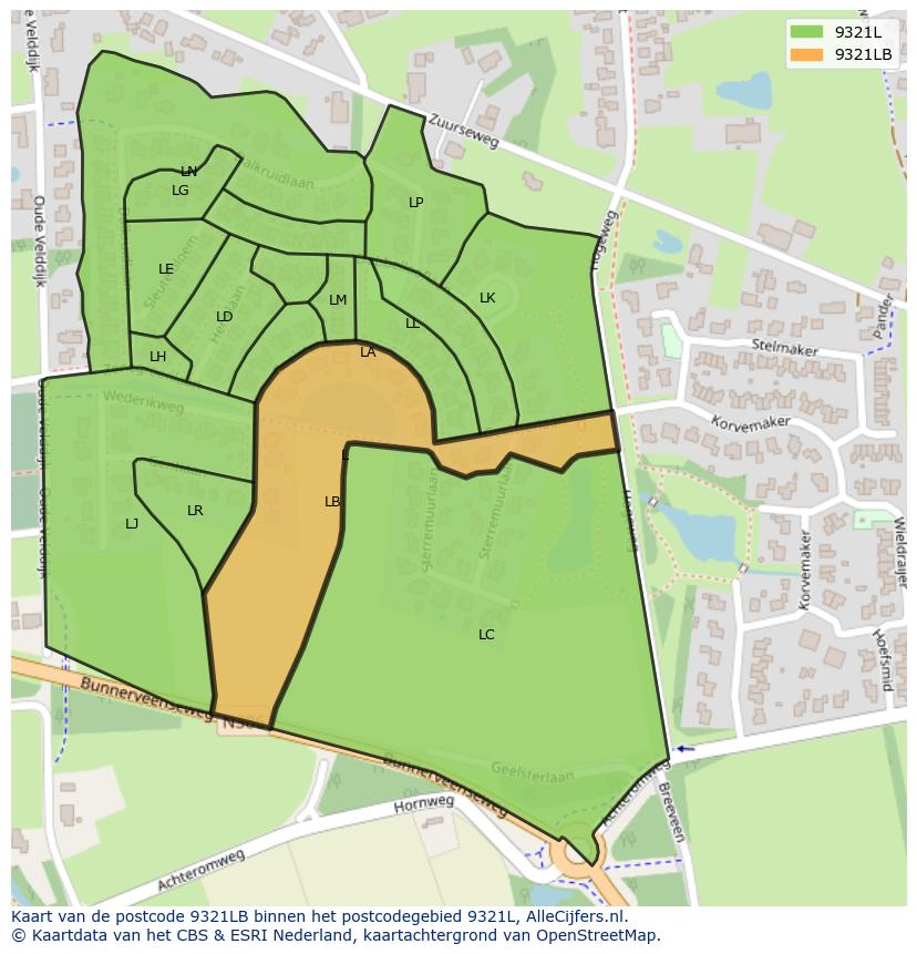 Afbeelding van het postcodegebied 9321 LB op de kaart.