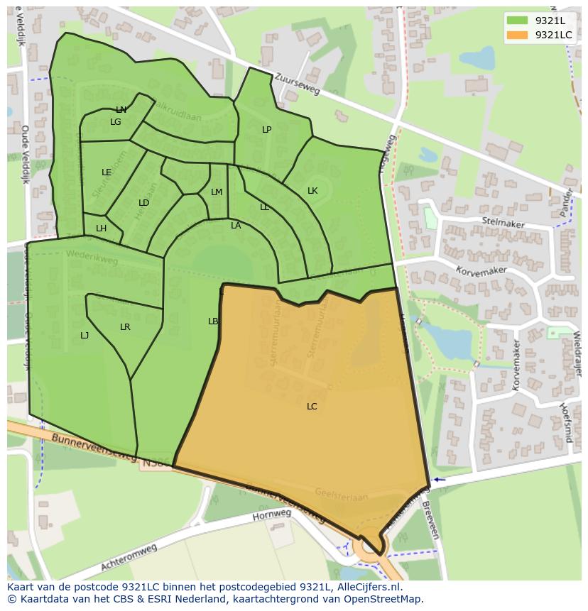 Afbeelding van het postcodegebied 9321 LC op de kaart.