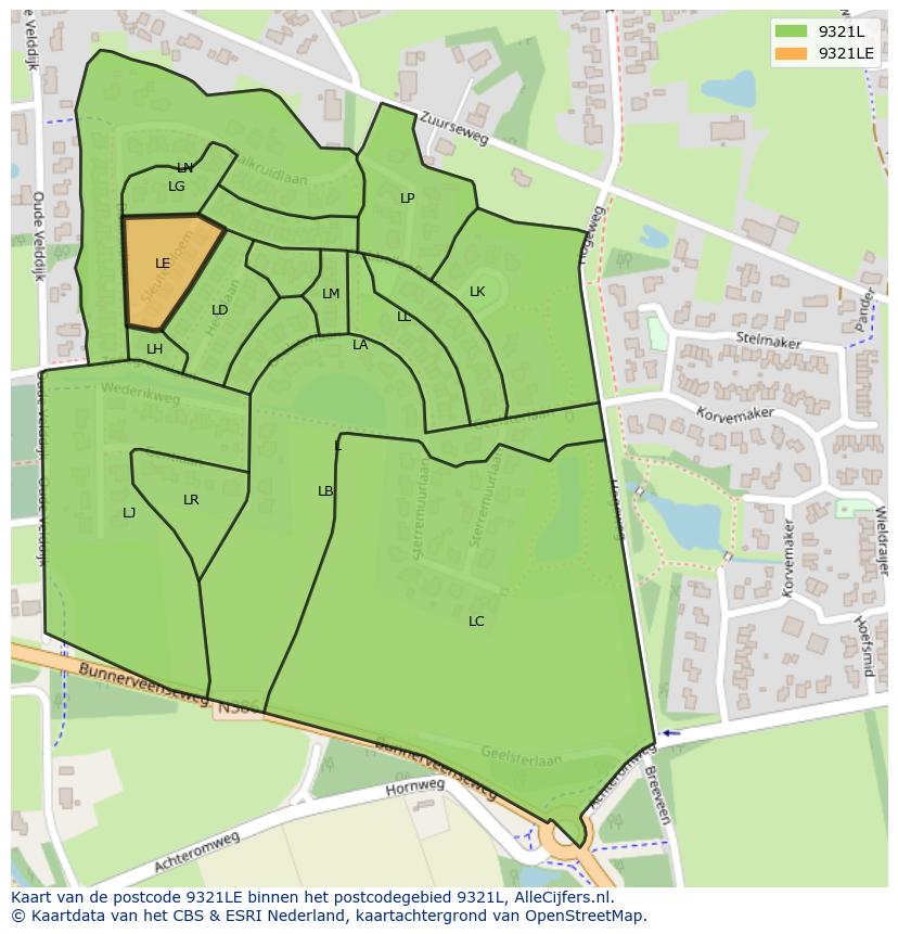 Afbeelding van het postcodegebied 9321 LE op de kaart.