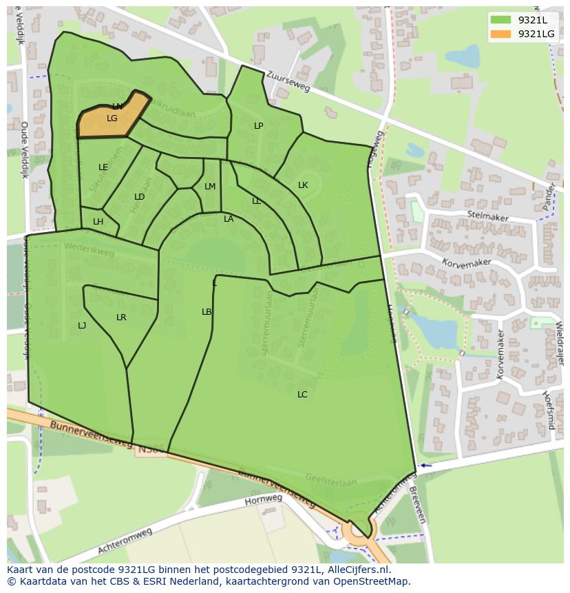 Afbeelding van het postcodegebied 9321 LG op de kaart.