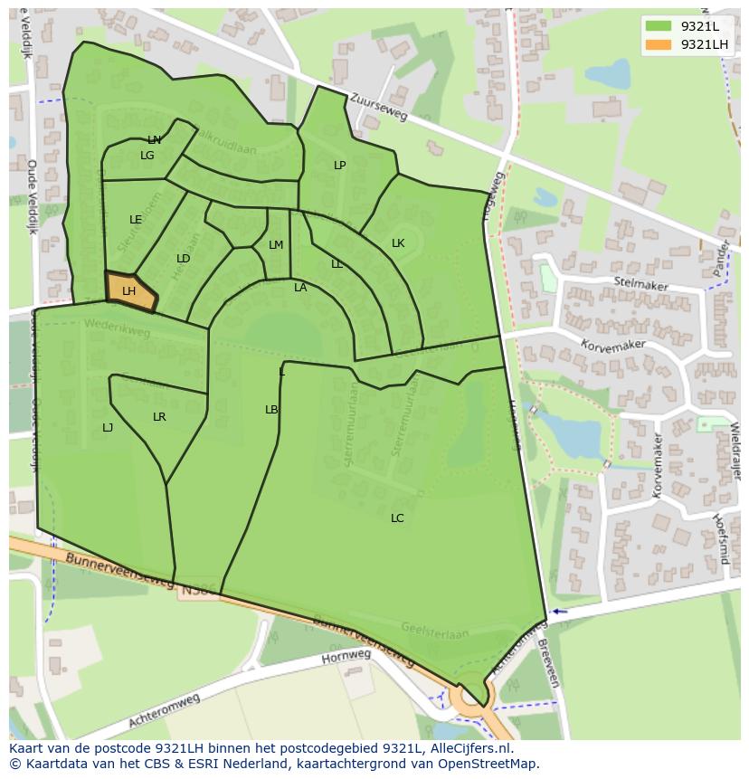 Afbeelding van het postcodegebied 9321 LH op de kaart.