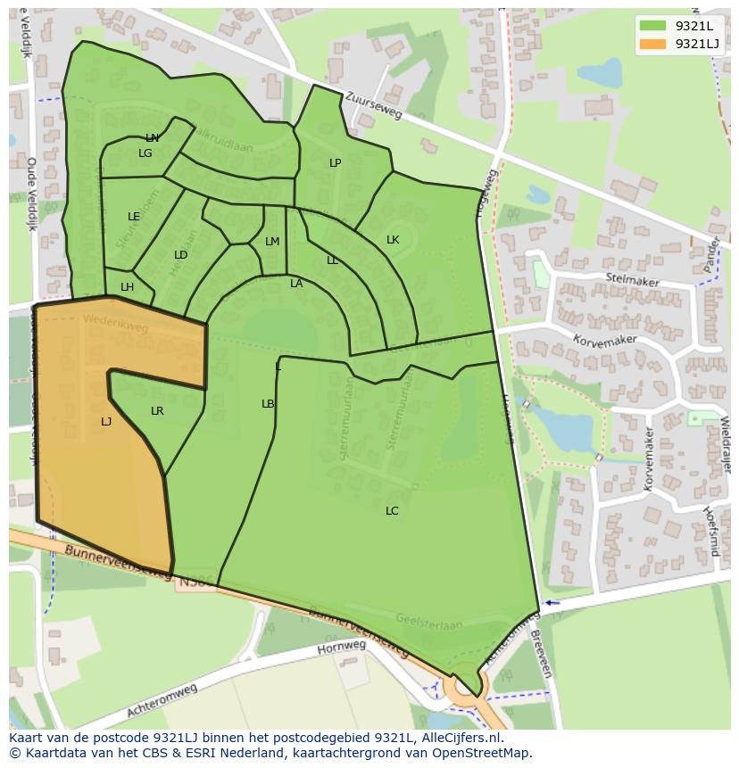 Afbeelding van het postcodegebied 9321 LJ op de kaart.