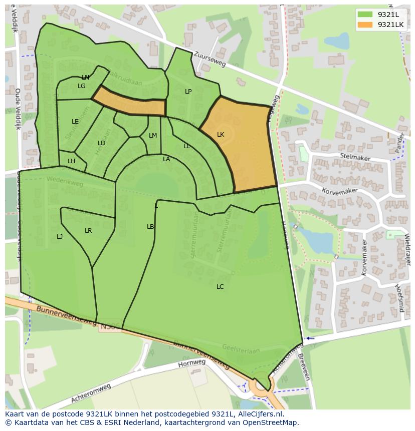 Afbeelding van het postcodegebied 9321 LK op de kaart.