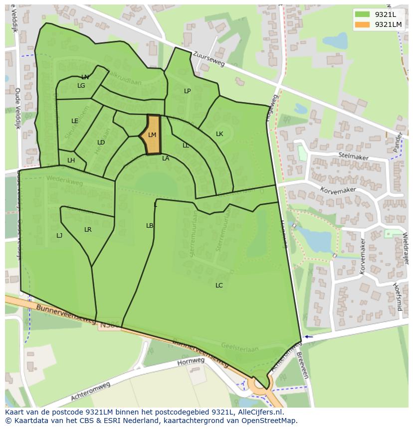 Afbeelding van het postcodegebied 9321 LM op de kaart.