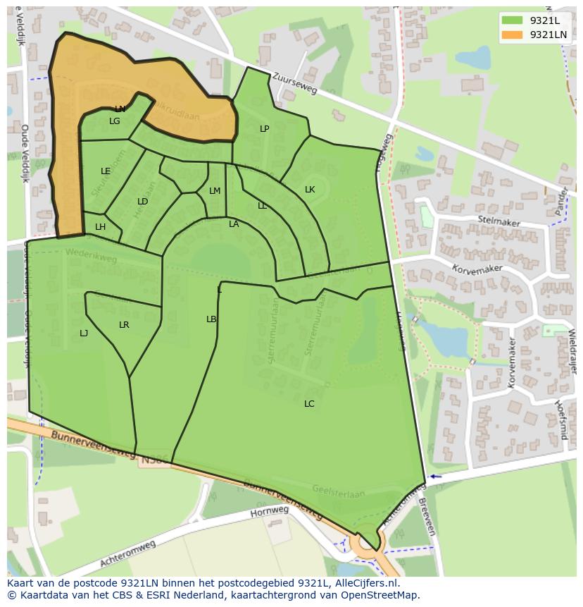 Afbeelding van het postcodegebied 9321 LN op de kaart.