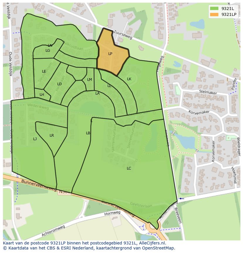 Afbeelding van het postcodegebied 9321 LP op de kaart.