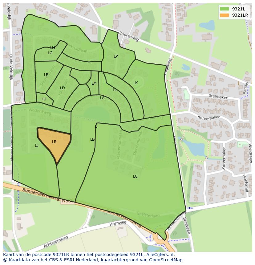 Afbeelding van het postcodegebied 9321 LR op de kaart.