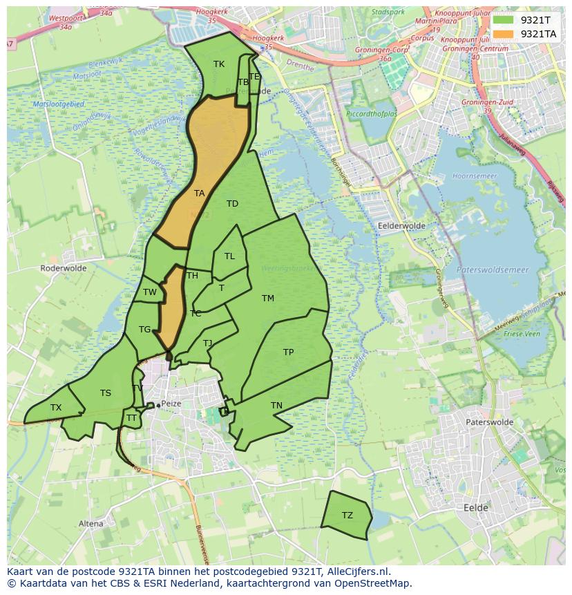 Afbeelding van het postcodegebied 9321 TA op de kaart.