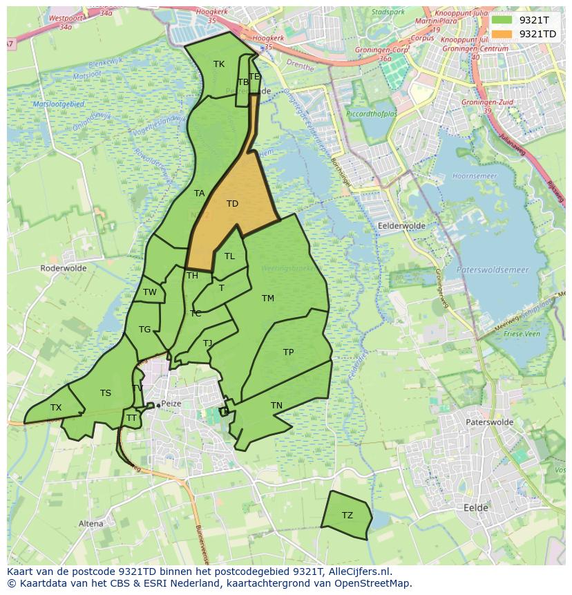 Afbeelding van het postcodegebied 9321 TD op de kaart.