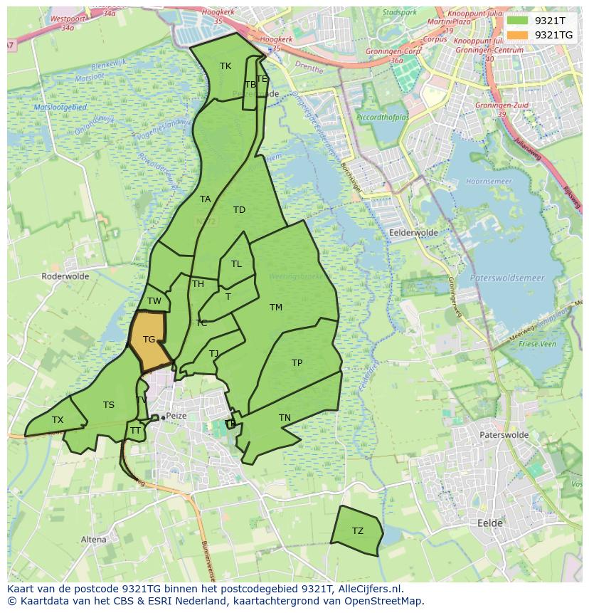 Afbeelding van het postcodegebied 9321 TG op de kaart.