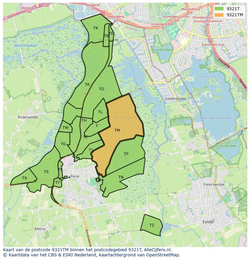 Afbeelding van het postcodegebied 9321 TM op de kaart.