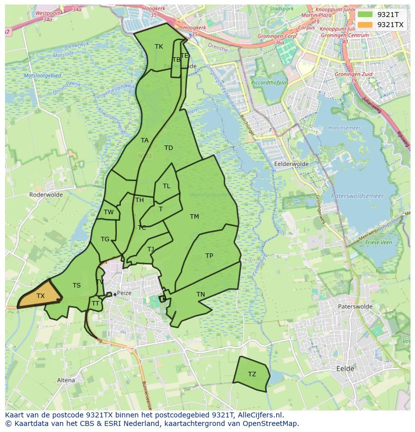 Afbeelding van het postcodegebied 9321 TX op de kaart.