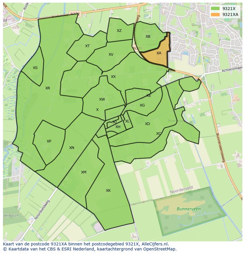 Afbeelding van het postcodegebied 9321 XA op de kaart.