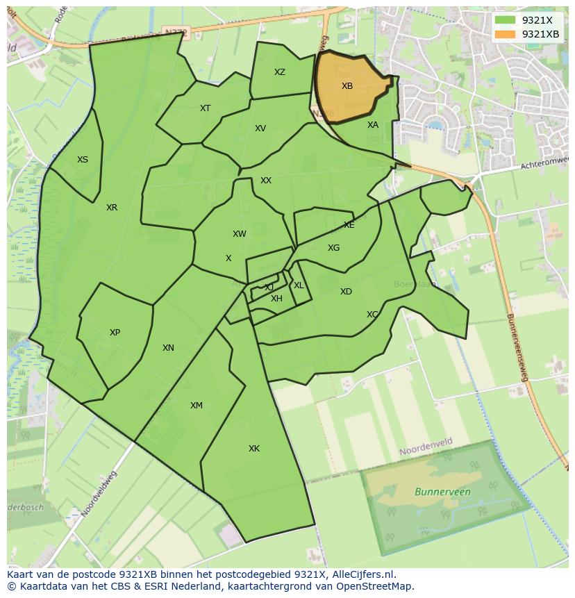 Afbeelding van het postcodegebied 9321 XB op de kaart.