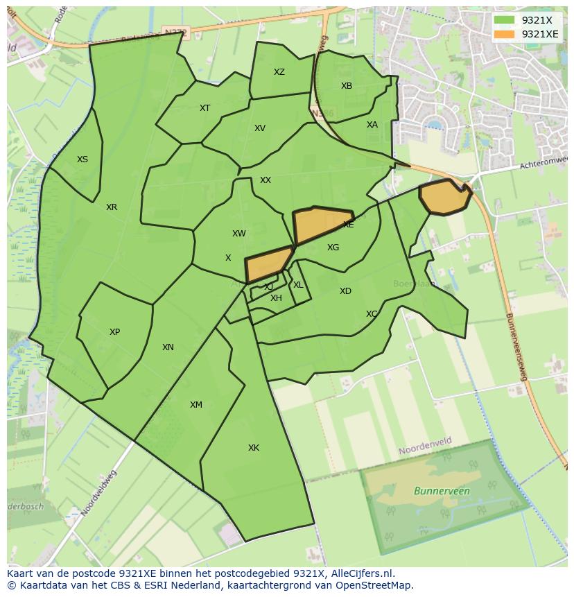 Afbeelding van het postcodegebied 9321 XE op de kaart.
