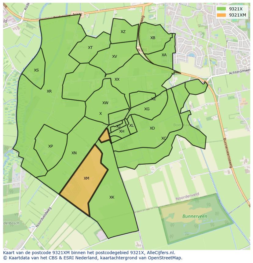Afbeelding van het postcodegebied 9321 XM op de kaart.