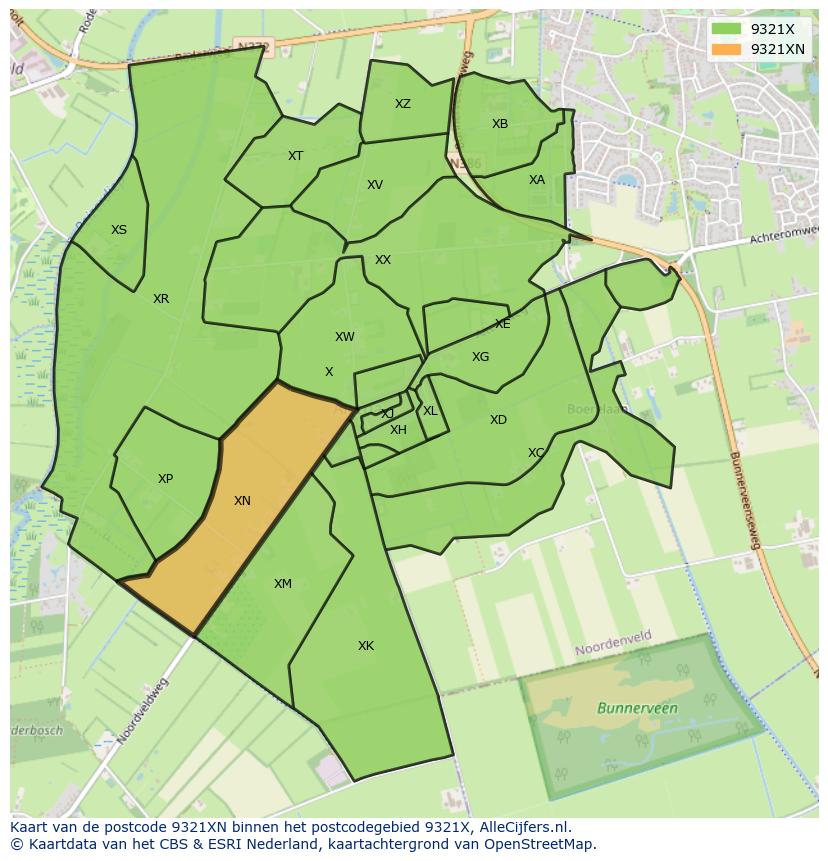 Afbeelding van het postcodegebied 9321 XN op de kaart.