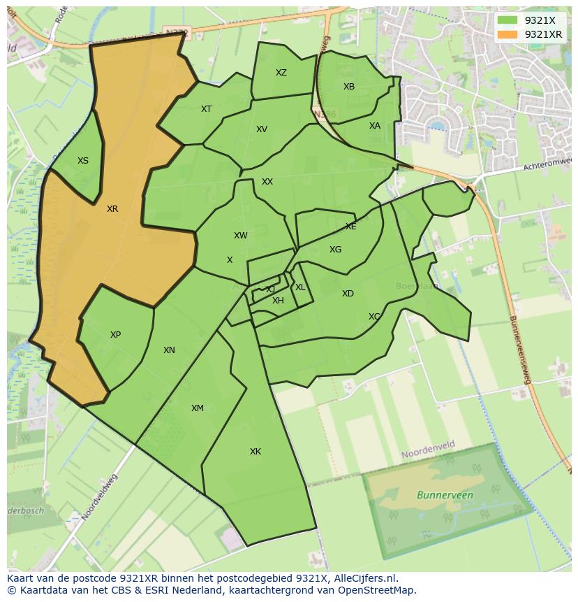 Afbeelding van het postcodegebied 9321 XR op de kaart.