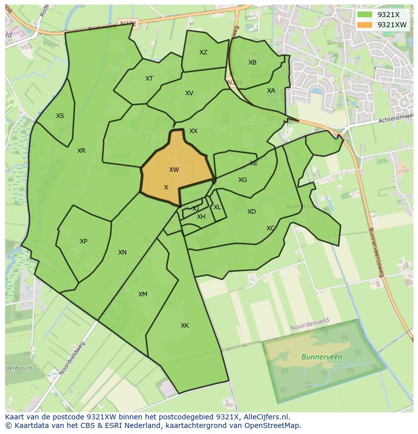 Afbeelding van het postcodegebied 9321 XW op de kaart.