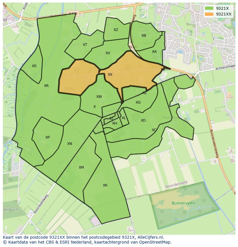 Afbeelding van het postcodegebied 9321 XX op de kaart.