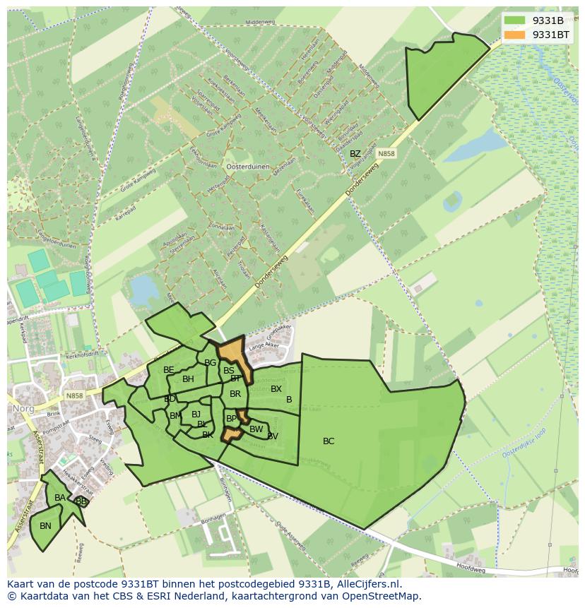 Afbeelding van het postcodegebied 9331 BT op de kaart.