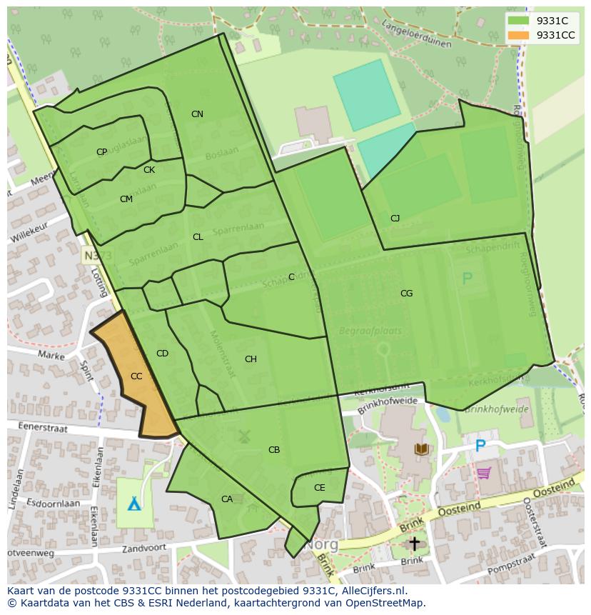 Afbeelding van het postcodegebied 9331 CC op de kaart.