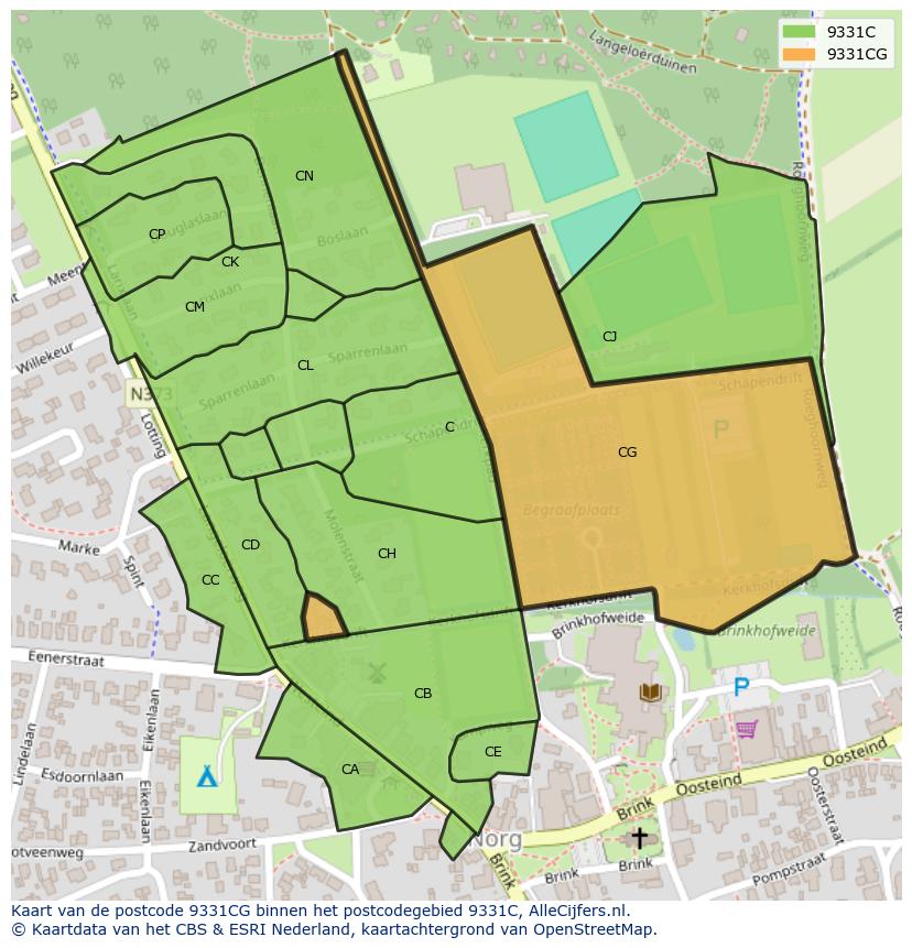 Afbeelding van het postcodegebied 9331 CG op de kaart.