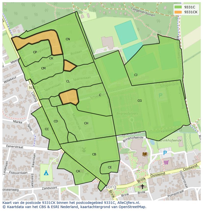 Afbeelding van het postcodegebied 9331 CK op de kaart.