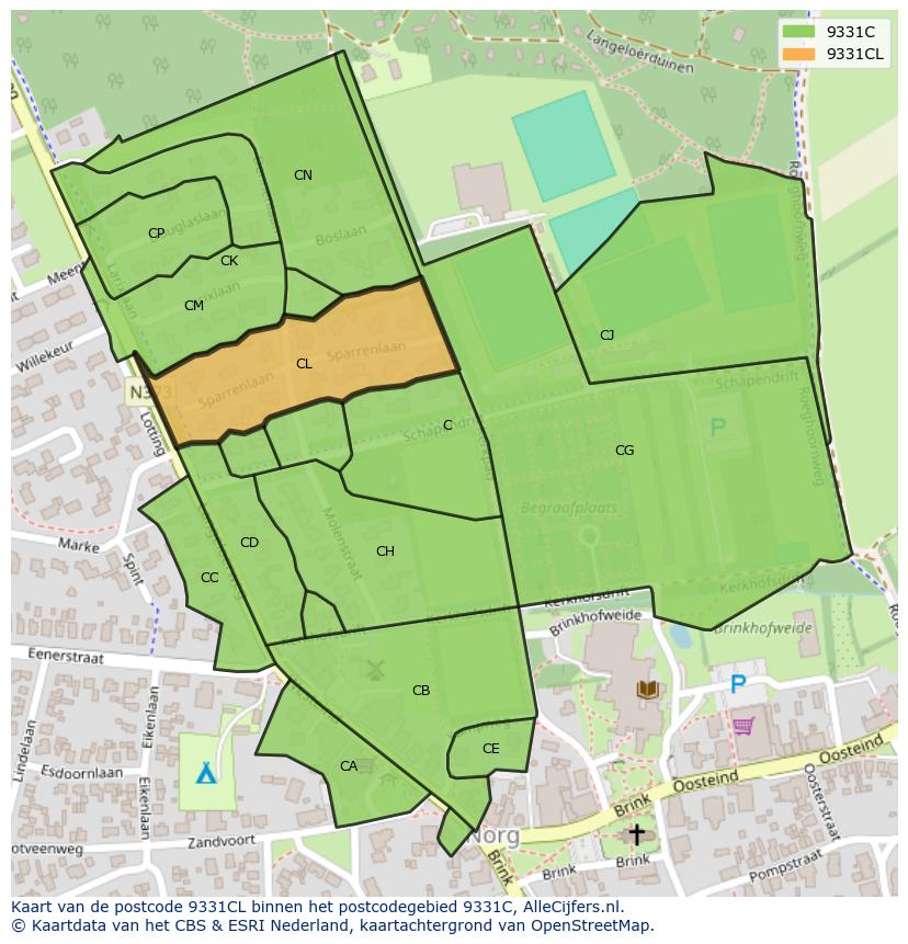Afbeelding van het postcodegebied 9331 CL op de kaart.