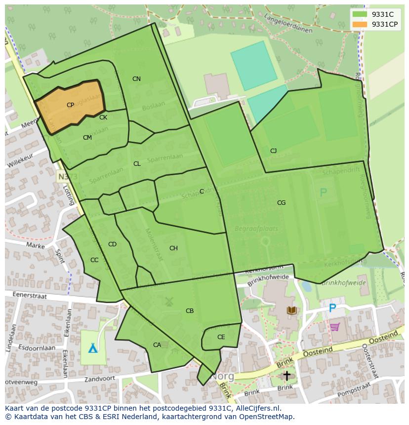 Afbeelding van het postcodegebied 9331 CP op de kaart.