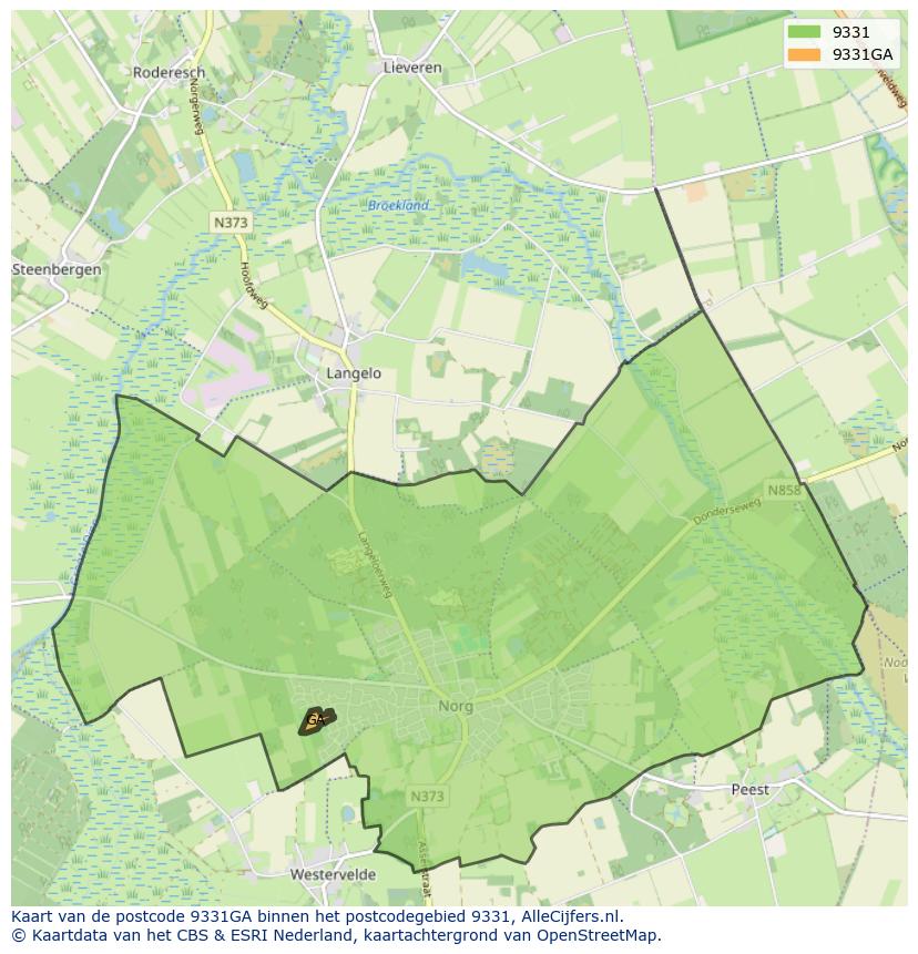 Afbeelding van het postcodegebied 9331 GA op de kaart.