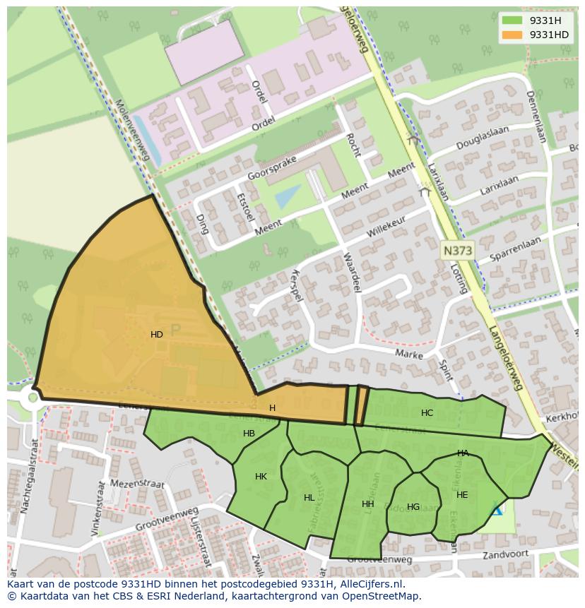 Afbeelding van het postcodegebied 9331 HD op de kaart.