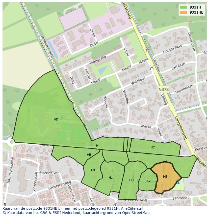 Afbeelding van het postcodegebied 9331 HE op de kaart.